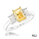 The Florentina Platinum Radiant Cut 2.01ct Yellow Diamond And 1.00ct Diamond Three Stone Engagement Ring