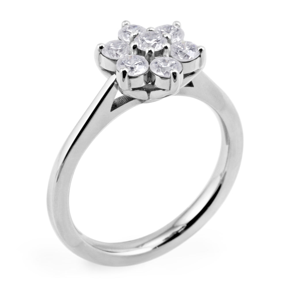 Platinum Round Brilliant Cut Diamond Seven Stone Flower Engagem