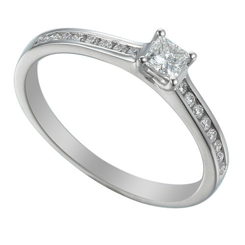 platinum 0.33ct princess cut diamond solitaire engagement ring with diamond set shoulders