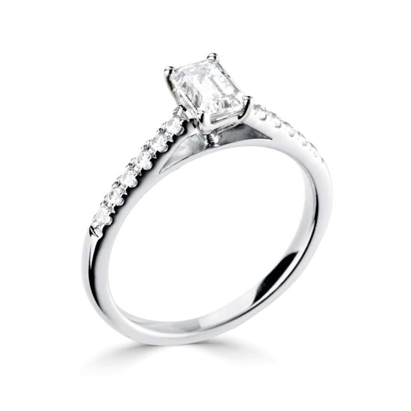 The Laurel Platinum Emerald Cut Diamond Solitaire Engagement Ring With Diamond Set Shoulders