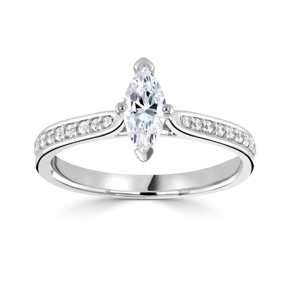 The Ivy Platinum Marquise Cut Diamond Solitaire Engagement Ring With Diamond Set Shoulders