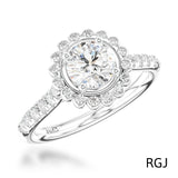 The Faroe Platinum 0.40ct Round Brilliant Cut Diamond Engagement Ring With 0.30ct Scalloped Diamond Halo And Diamond Set Shoulders