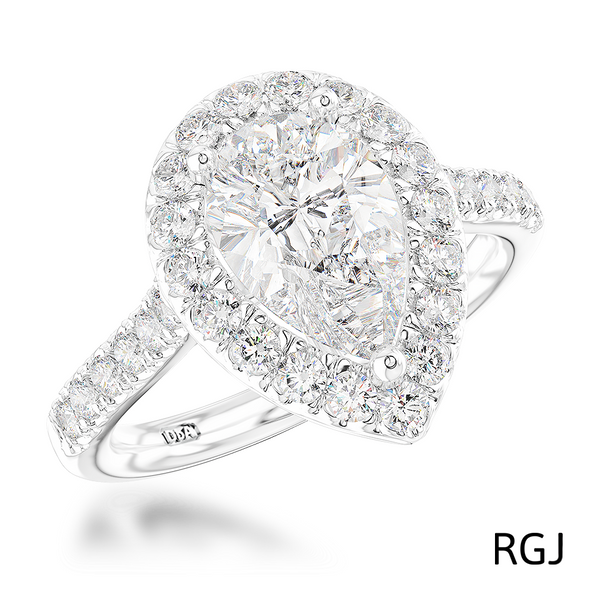 The Evie Platinum Pear Cut Diamond Engagement Ring With Diamond Halo And Diamond Set Shoulders