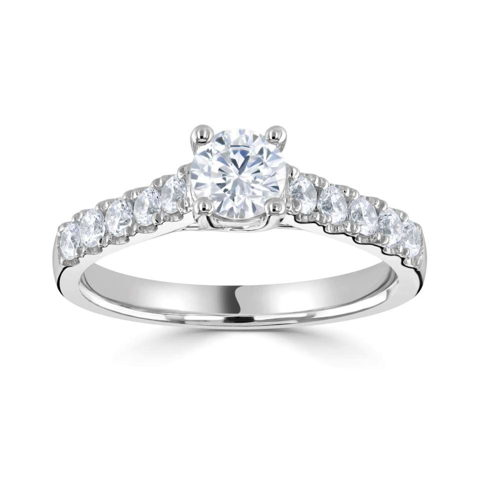 The Calla Platinum Round Brilliant Cut Diamond Solitaire Engagement Ring With Diamond Set Shoulders