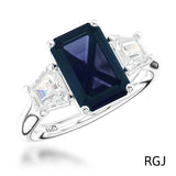 The Florentine Platinum 3.32ct Emerald Cut Blue Sapphire And 0.63ct Tapered Diamond Three Stone Ring