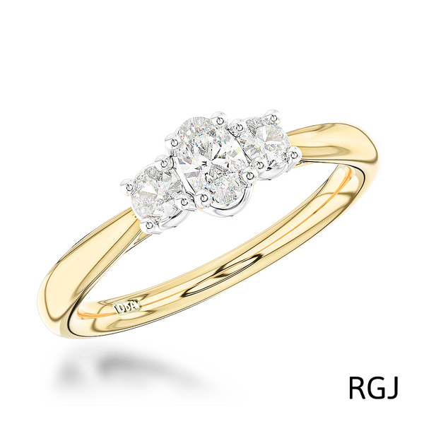 The Petite Royal 18ct Yellow Gold And Platinum Oval And Round Brilliant Cut Diamond Three Stone Engagement Ring