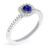 18ct White Gold 0.27ct Round Brilliant Cut Sapphire and 0.18ct Diamond Halo and Diamond Set Shoulders Ring
