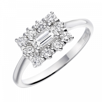 platinum 0.50ct emerald cut and round brilliant cut diamond cluster ring