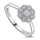 Platinum 0.42ct Emerald And Round Brilliant Cut Floral Art Deco Style Ring