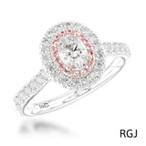 The Skye Duo Platinum 0.30ct Oval Cut Diamond Engagement Ring With 0.36ct Pink And White Diamond Halo And Diamond Set Shoulders