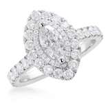 Platinum 1.55ct Marquise And Round Brilliant Cut Diamond Engagement Ring With Double Diamond Halo And Shoulders