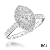 The Skye Platinum 0.38ct Marquise Cut Diamond Engagement Ring With 0.41ct Double Diamond Halo And Diamond Set Shoulders