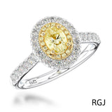 The Skye Duo Platinum 0.54ct Oval Cut Yellow Diamond Engagement Ring With 0.47ct Yellow And White Diamond Halo And Diamond Set Shoulders