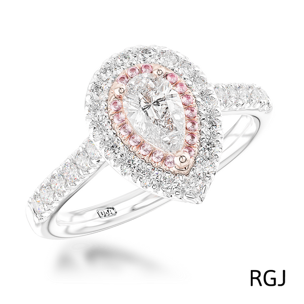 The Skye Duo Platinum And 18ct Rose Gold Pear Cut Diamond Engagement Ring With Pink And White Diamond Halo And Diamond Set Shoulders