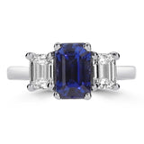 Platinum Emerald Cut 1.73ct Blue Sapphire And 1.04ct Diamond Three Stone Ring