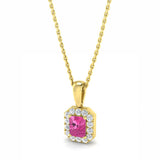 18ct Yellow Gold 0.58ct Radiant Cut Pink Sapphire And 0.14ct Diamond Halo Necklace