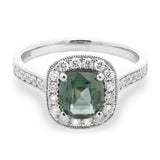 Platinum 1.20ct Cushion Cut Teal Sapphire Ring With 0.33ct Diamond Halo And Diamond Set Shoulders