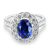 Platinum 2.52ct Oval Cut Blue Sapphire Ring With 1.24ct Diamond Halo And Diamond Set Shoulders
