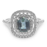 Platinum 1.13ct Cushion Cut Teal Sapphire Ring With 0.41ct Double Diamond Halo And Diamond Set Split Shoulders