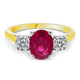 18ct Yellow Gold 1.48ct Oval Cut Ruby And 0.55ct Round Brilliant Cut Diamond Three Stone Ring
