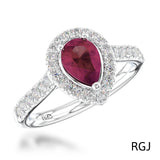 The Skye Platinum 1.92ct Pear Cut Ruby Ring With 0.44ct Diamond Halo And Diamond Set Shoulders