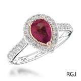 The Skye Platinum 0.75ct Pear Cut Ruby Ring With 0.39ct Diamond Halo And Diamond Set Shoulders