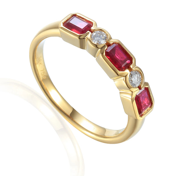 18ct Yellow Gold 0.83ct Octagon Cut Ruby And 0.11ct Round Brilliant Cut Diamond Five Stone Ring