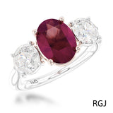 The Florentina Iconic Platinum 2.04ct Oval Cut Ruby And 1.01ct Round Brilliant Cut Diamond Three Stone Ring With 0.08ct Diamond Detailing