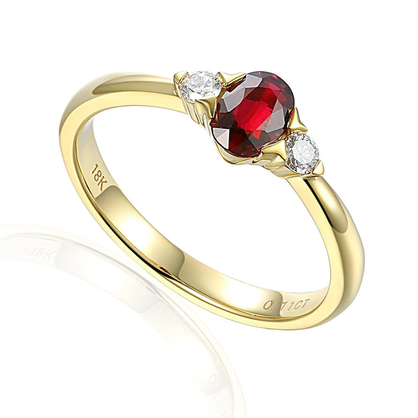 18ct Yellow Gold 0.60ct Oval Cut Ruby And 0.13ct Round Brilliant Cut Diamond Three Stone Ring