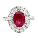 Platinum 1.93ct Oval Cut Ruby Ring With 1.26ct Double Diamond Halo And Diamond Set Shoulders
