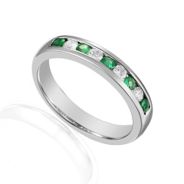 18ct White Gold 0.25ct Emerald And 0.20ct Diamond Round Brilliant Cut Half Eternity Ring