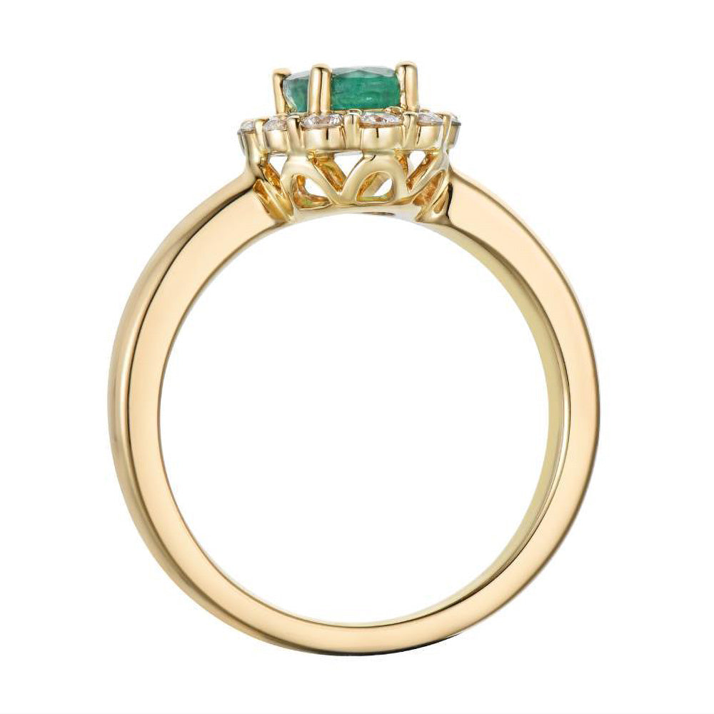 18ct Yellow Gold 0.82ct Oval Cut Emerald And 0.42ct Round Brilliant Cut Diamond Cluster Ring