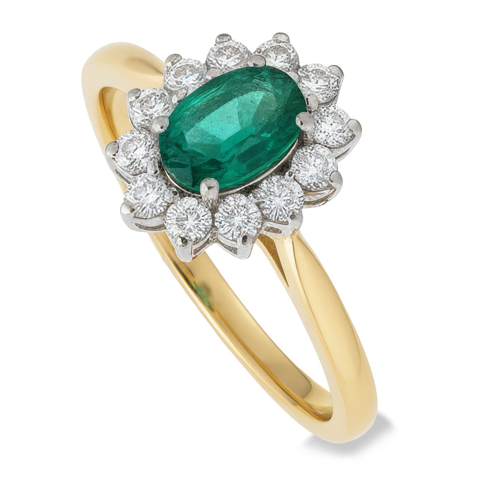 18ct Yellow And White Gold Oval Cut Emerald And Round Br