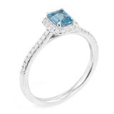 18ct White Gold 0.38ct Emerald Cut Aquamarine And 0.18ct Diamond Halo And Shoulders Ring