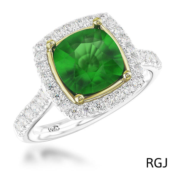 The Skye Platinum And 18ct Yellow Gold 1.64ct Cushion Cut Green Tourmaline Ring With 0.42ct Diamond Halo And Diamond Set Shoulders