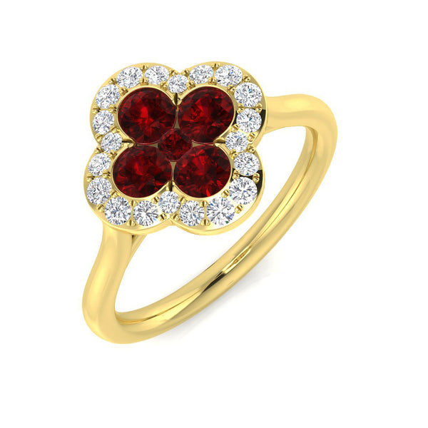 18ct Yellow Gold 0.71ct Ruby And 0.23ct Diamond Clover Ring