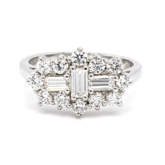 Platinum 1.20ct Emerald Cut And Round Brilliant Cut Diamond Cluster Ring