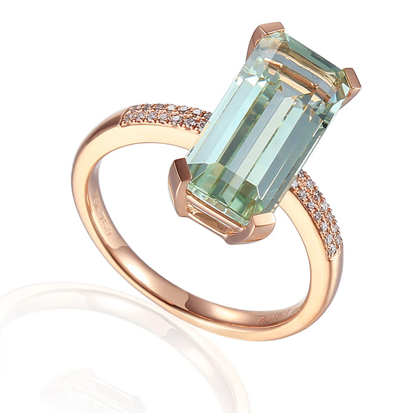 18ct Rose Gold 3.69ct Octagon cut Green Amethyst Ring With 0.07ct Diamond Set Shoulders