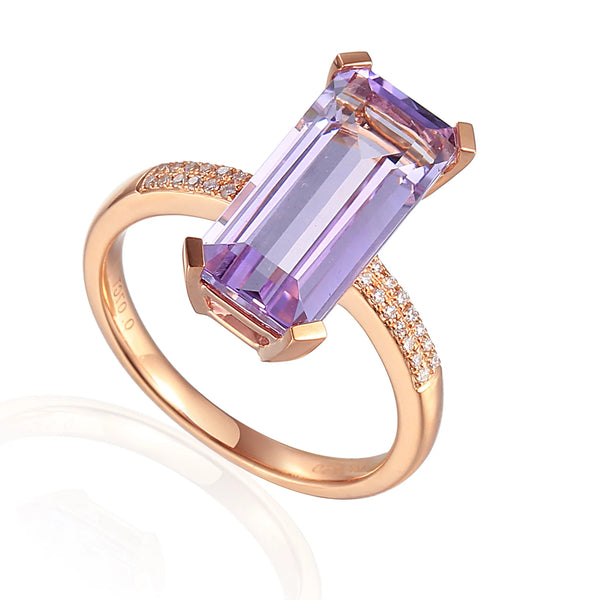 18ct Rose Gold 3.65ct Octagon Cut Pink Amethyst Ring With 0.07ct Diamond Set Shoulders