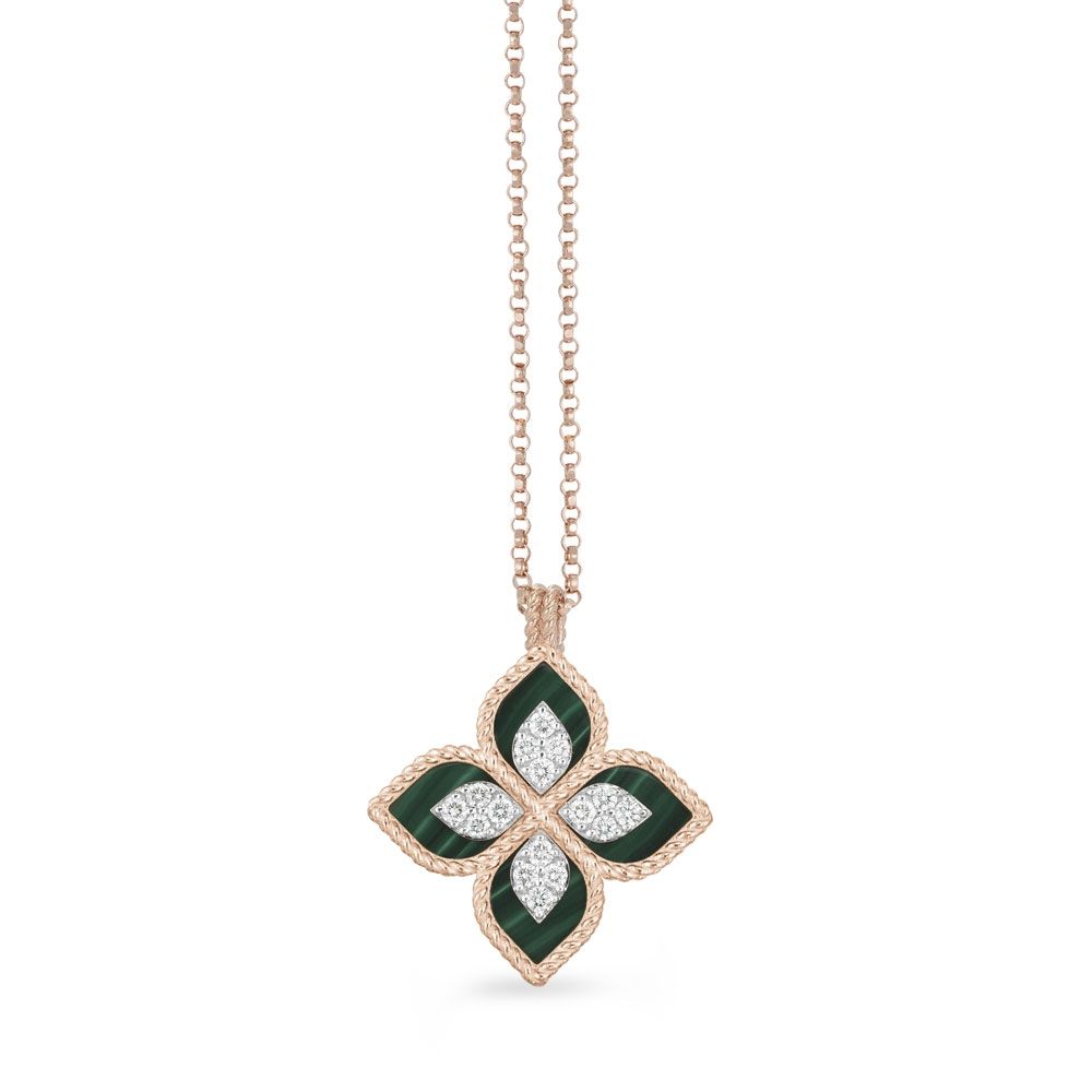 Roberto Coin 18ct Yellow Gold Malachite And 0.18ct Diamond Princess Flower Necklace ADV888CL1837_01