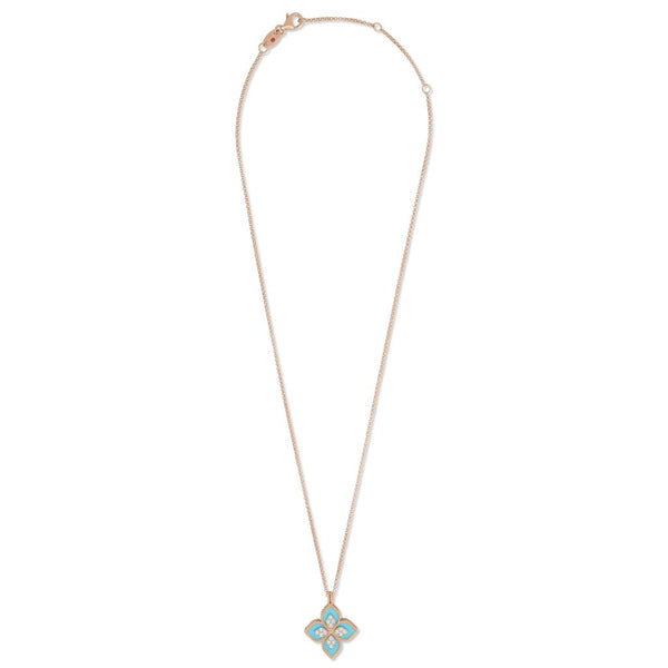 roberto coin 18ct rose gold turquoise and 0.18ct diamond princess flower necklace