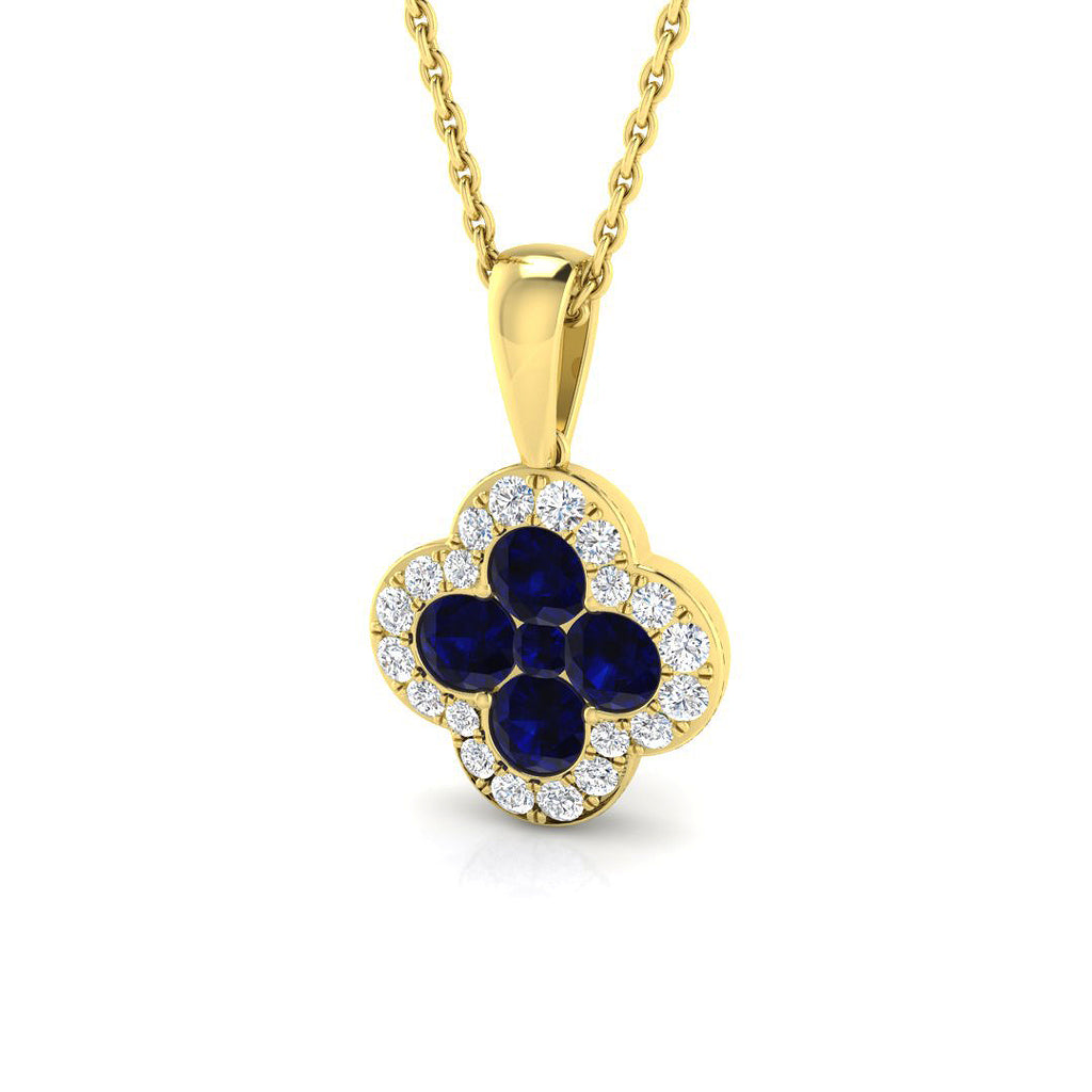 18ct Yellow Gold 0.60ct Blue Sapphire And 0.23ct Diamond Clover Necklace