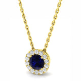 18ct Yellow Gold 0.32ct Round Brilliant Cut Blue Sapphire And 0.08ct Diamond Halo Necklace