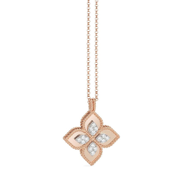 Roberto Coin 18ct Rose Gold 0.19ct Diamond Princess Flower Necklace ADR888CL1837