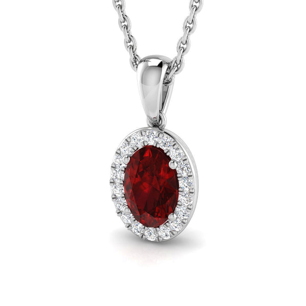 18ct White Gold 0.53ct Oval Cut Ruby And 0.10ct Diamond Halo Necklace