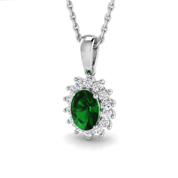 18ct White Gold 0.40ct Oval Cut Emerald And 0.14ct Diamond Cluster Necklace