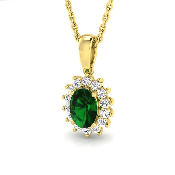 18ct Yellow Gold 0.52ct Oval Cut Emerald And 0.14ct Diamond Cluster Necklace
