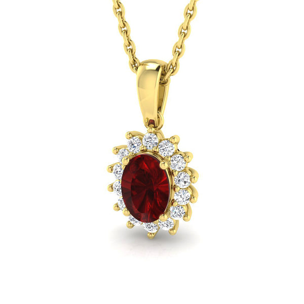 18ct Yellow Gold 0.60ct Oval Cut Ruby And 0.14ct Diamond Cluster Necklace