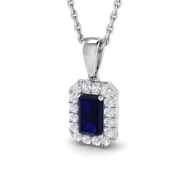 18ct White Gold 0.35ct Emerald Cut Blue Sapphire And 0.09ct Diamond Halo Necklace