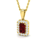 18ct Yellow Gold 0.32ct Emerald Cut Ruby And 0.10ct Diamond Halo Necklace